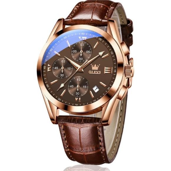 Men's Chronograph Quartz Watches, Leather Strap Gold Case Waterproof - Picture 1 of 6